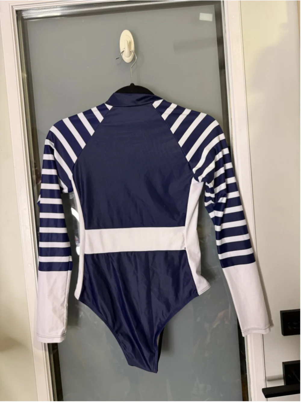 Bikinishe Navy & White Striped Long Sleeve One Piece Swimsuit S